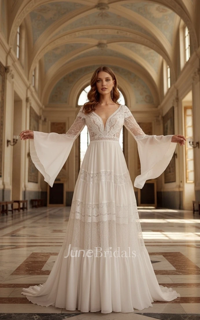 Boho Lace Wedding Dress Long Sleeves Deep V Neck A Line Bridal Gown for Outdoor Destination Wedding