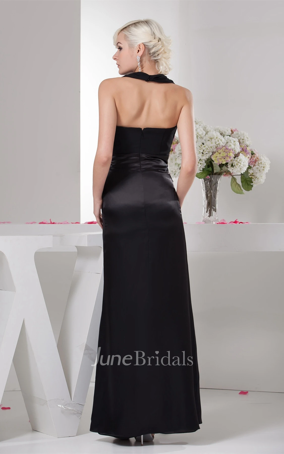 Plunged Satin Ankle-Length Dress with Ruching and Halter