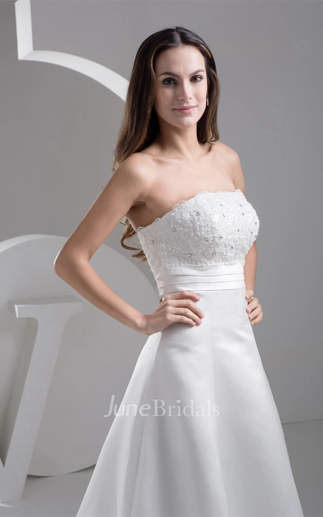 Strapless A-Line Gown with Lace and Ruching
