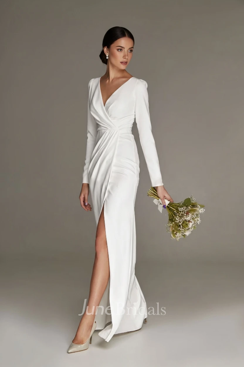 Simple Sheath Long Sleeve Warm Wedding Dress V-neck Floor-length Reception Gown with Split