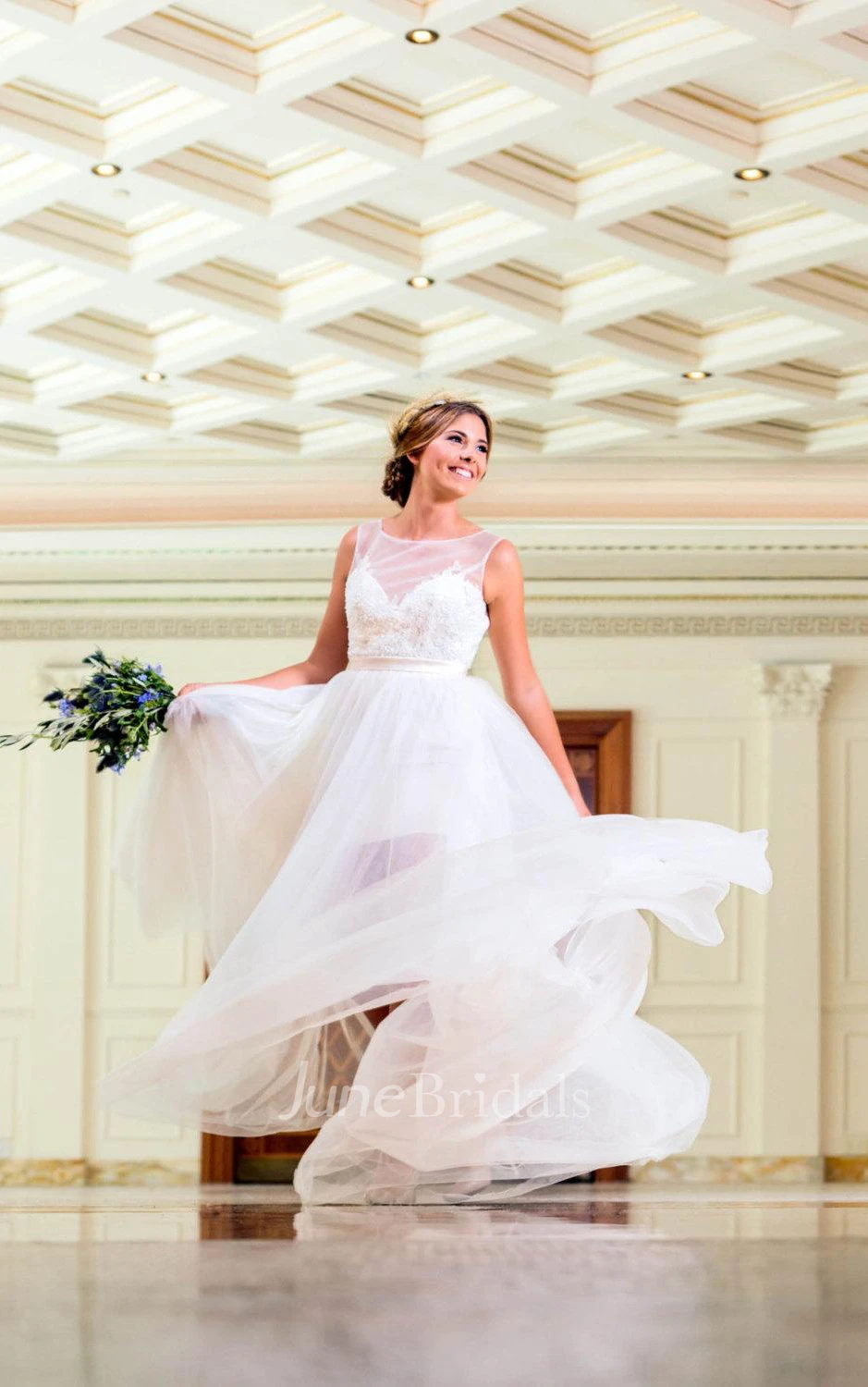 Sleeveless Scoop-Neck Tulle Dress With Appliques And Illusion Back