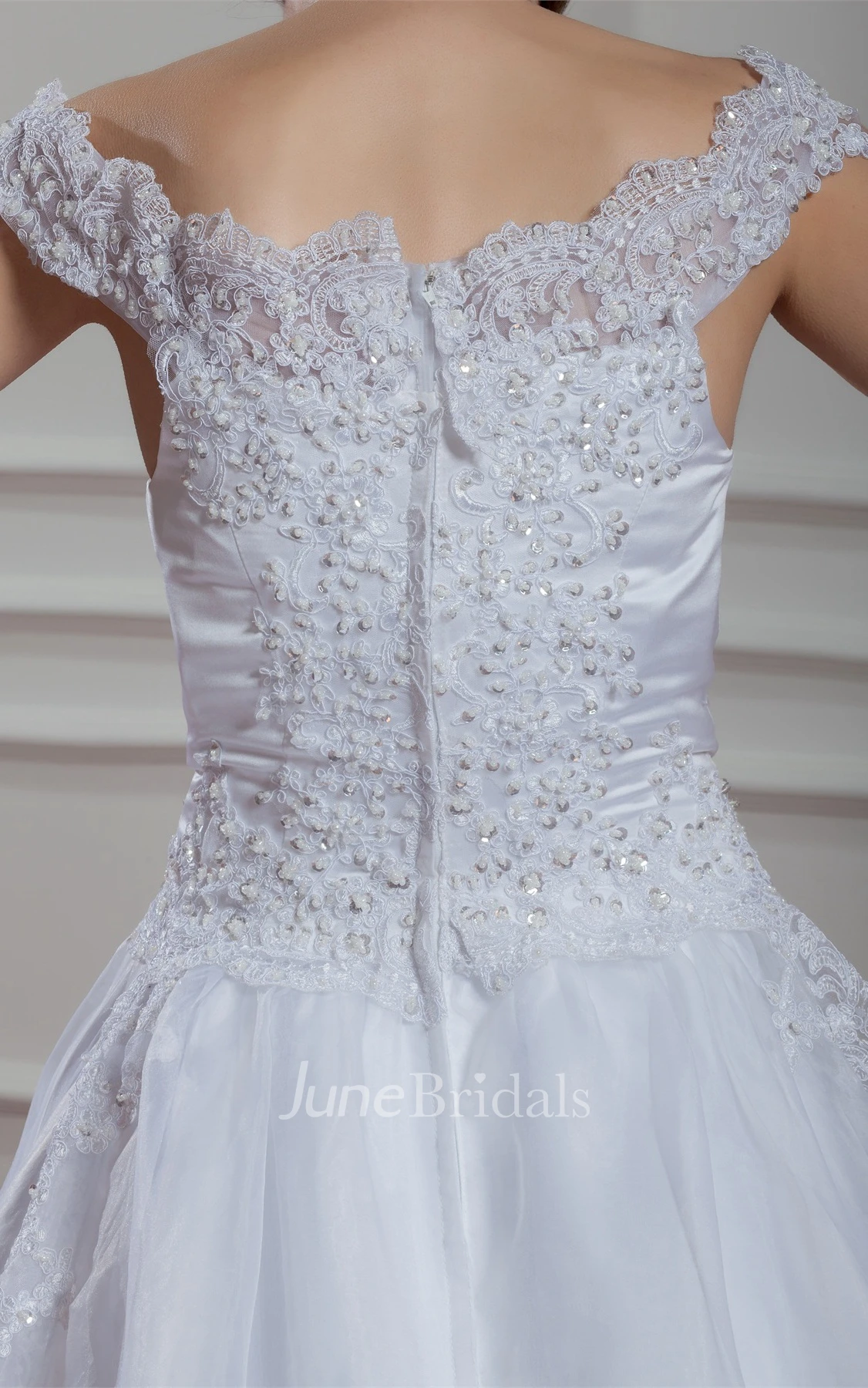 Off-The-Shoulder A-Line Appliqued Gown with Pleats