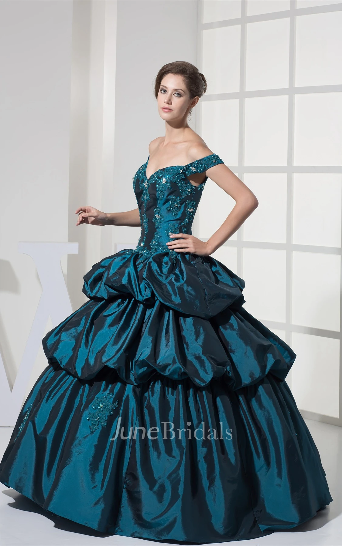 Strapped Pick-Up Ball Gown with Appliques and Corset Back