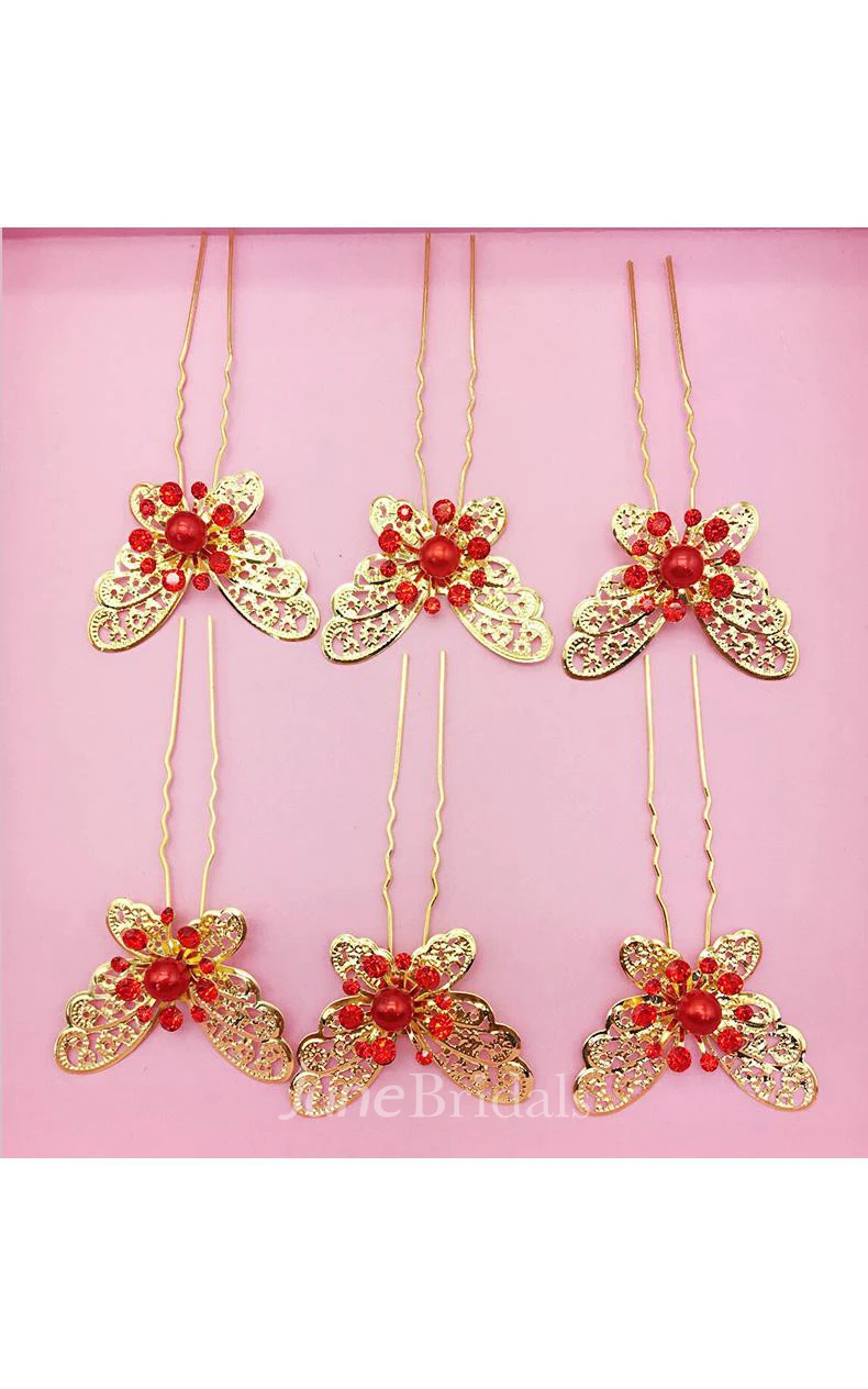Bride Red Headdress Hair Ornaments Chinese Cheongsam Wedding Accessories Plate Hairpin U-Shaped Clip