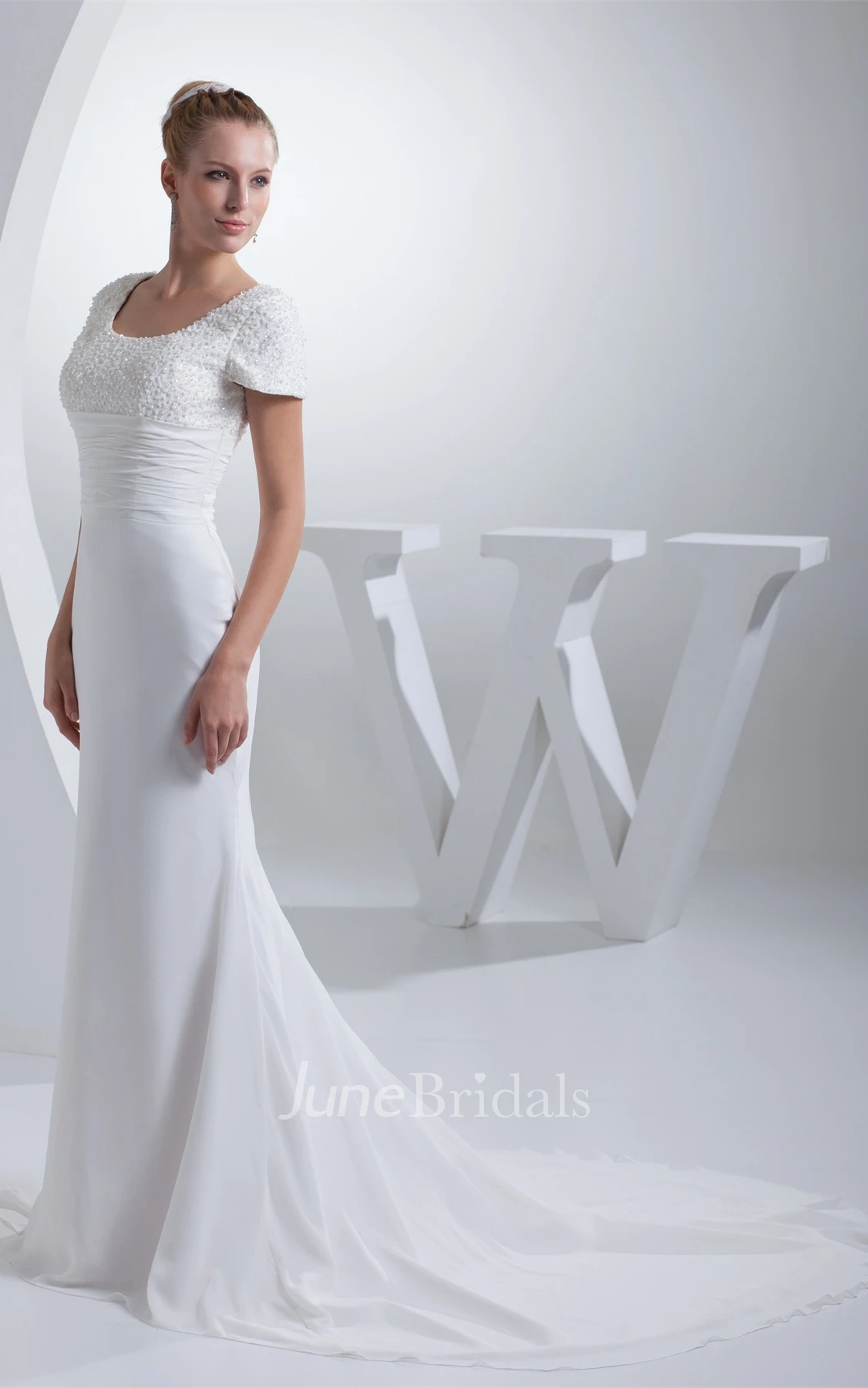 Square-Neck Short-Sleeve Sheath Dress with Ruching and Gemmed Top