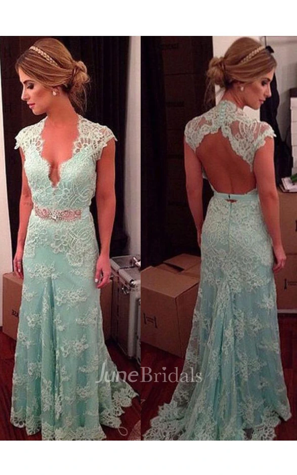 Floor-length Cap Lace Keyhole Back Dress