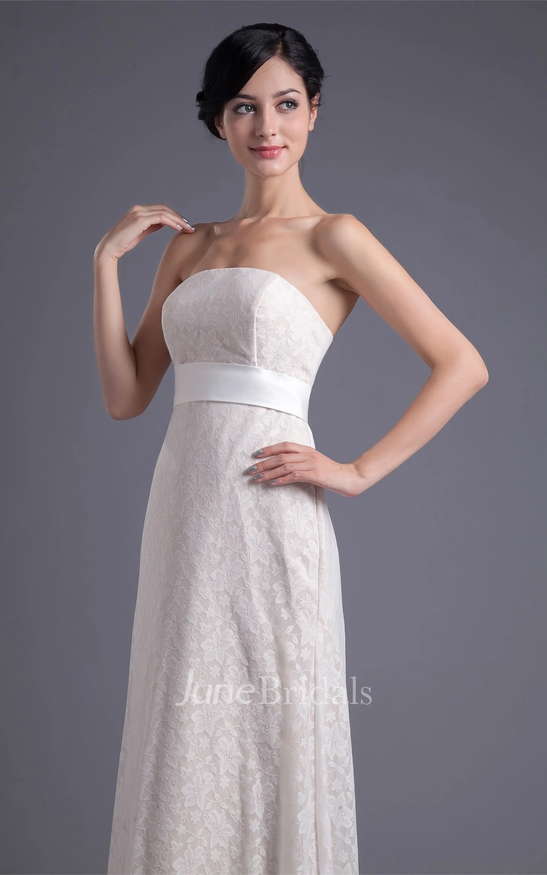 strapless sheath lace dress with cinched waist
