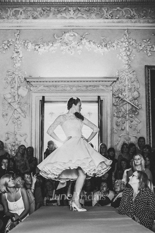 1950S High Neck Long Sleeve Pleated A-Line Tea Length Taffeta Wedding Dress