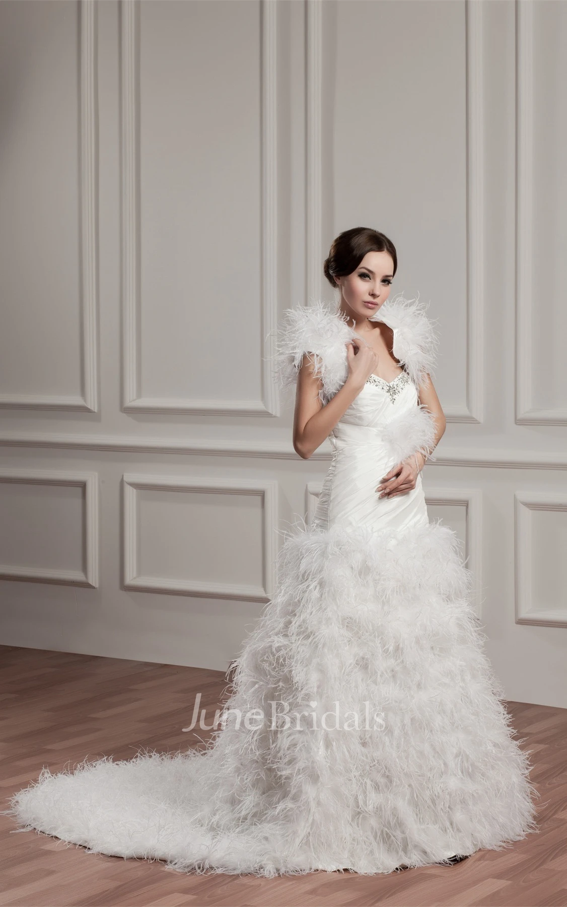 Strapless Criss-Cross Ruffled A-Line Gown with Beading and Bolero