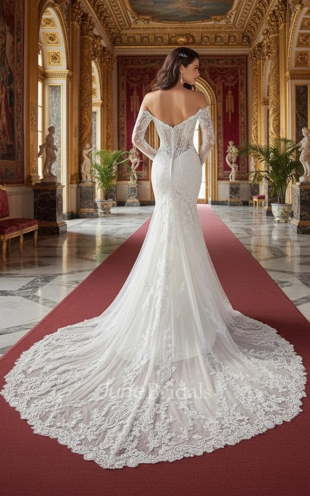 Mermaid Off the Shoulder Lace Beach Wedding Dress Boho Illusion Corset Gown