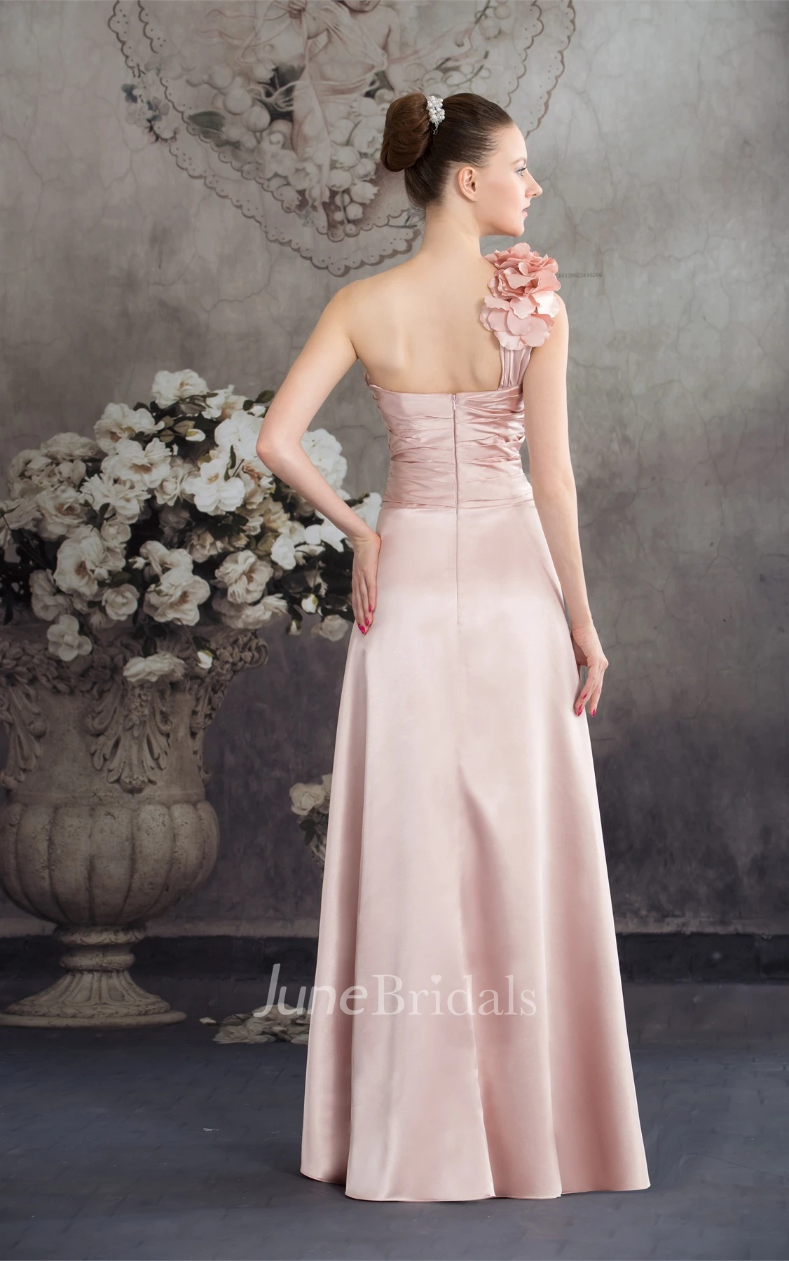 Sleeveless High-Low Pleated Dress with Ruching and Floral Epaulet