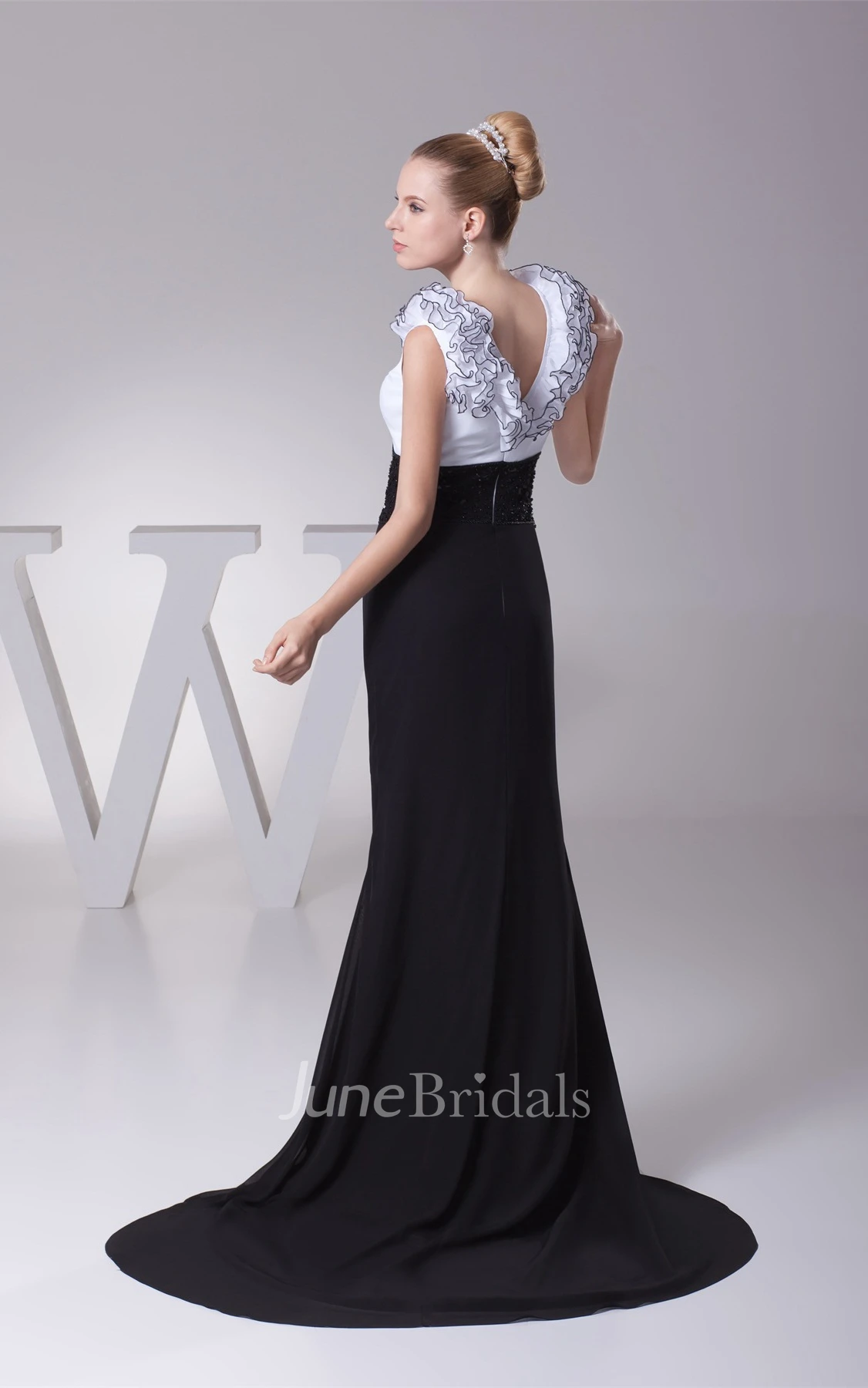 Two-Tone Plunged Sheath Maxi Dress with Beading and Ruffles