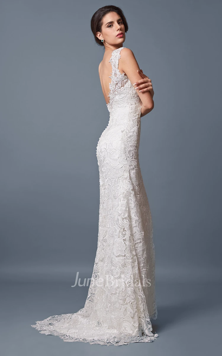 Backless Fit and Flare Lace Long Wedding Dress