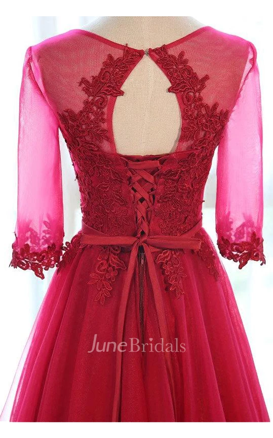 A-line Half Sleeved Tulle And Lace Dress With Beading And Keyhole Back