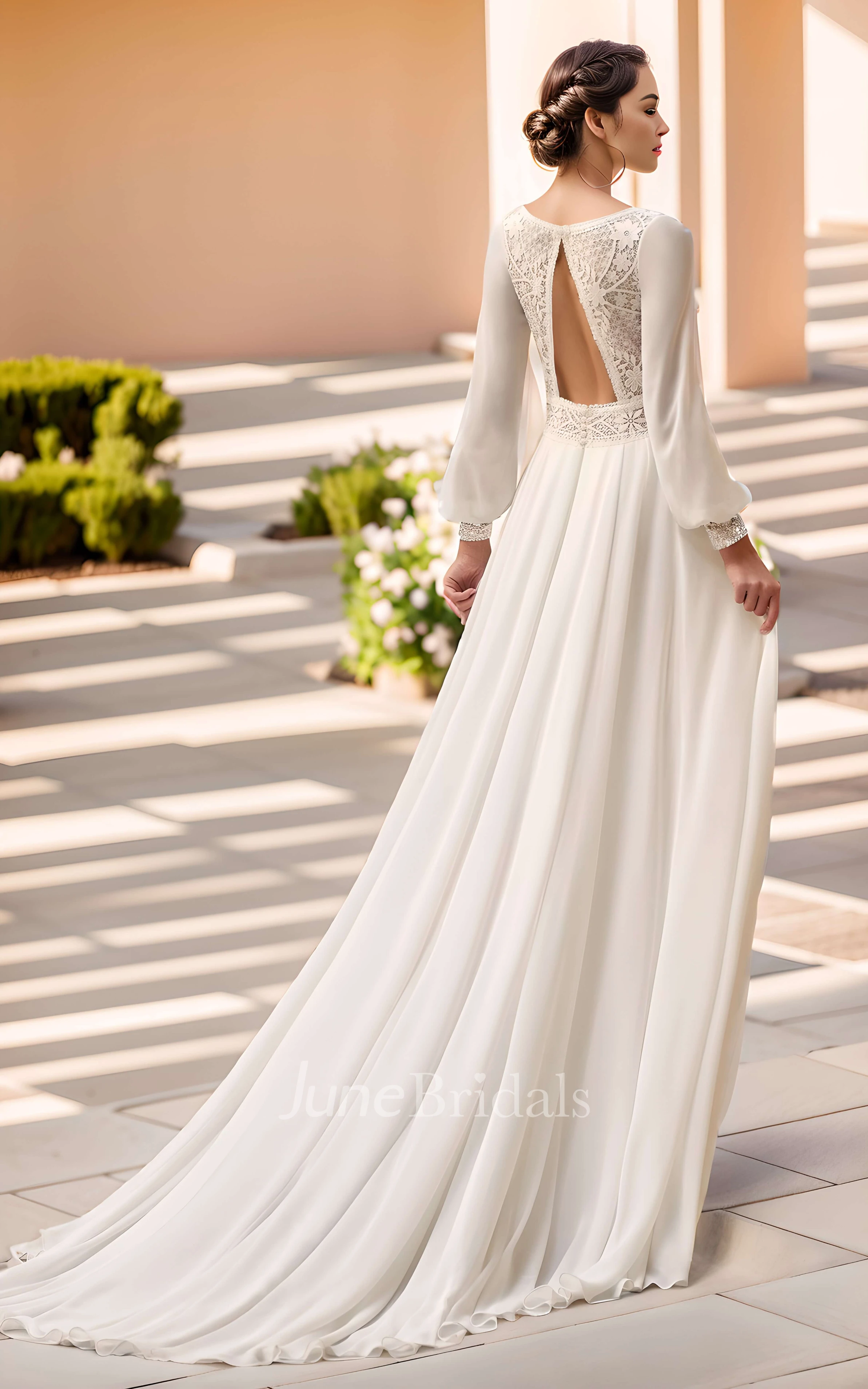 Elegant Vintage Plunging Neckline A-Line Chiffon Lace Winter Wedding Dress Ethereal Romantic Puff Long Sleeve Backless Split Floor-length Bridal Gown with Train