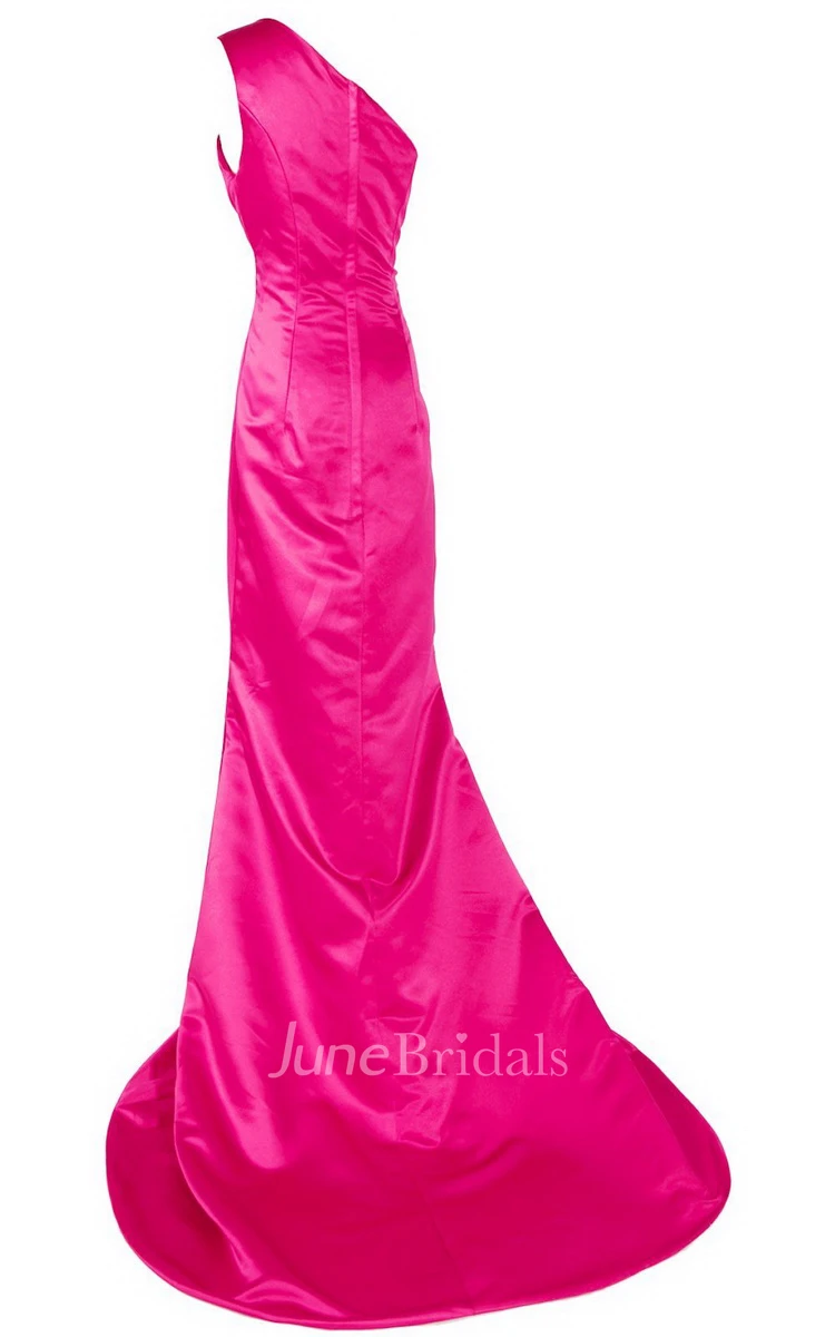 One-shoulder Long Satin Dress With Beaded Neckline