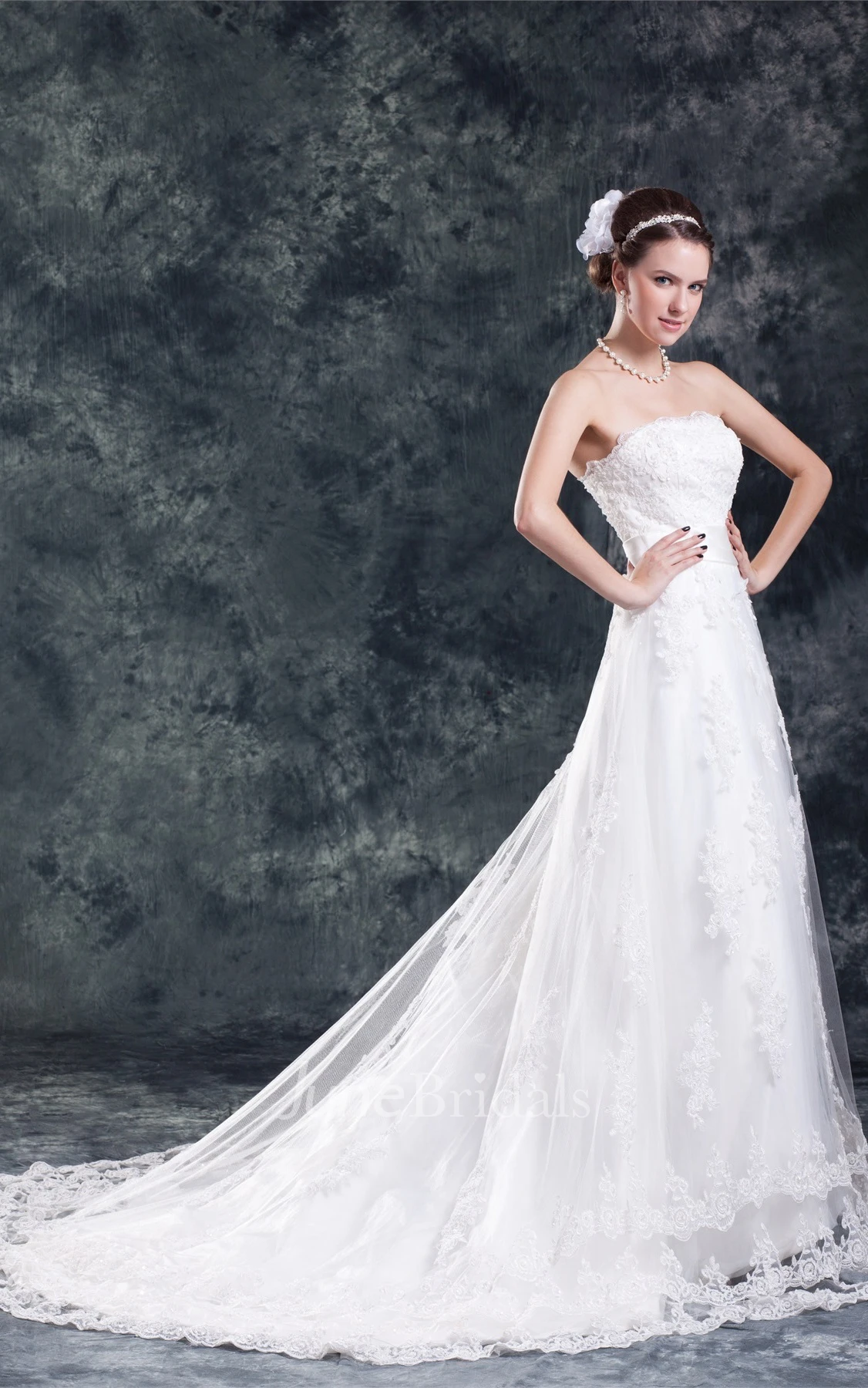 strapless appliqued a-line dress with court train and tulle
