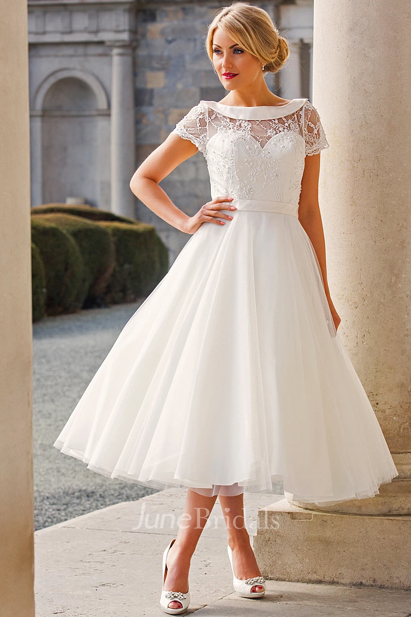 Tea-Length A-Line Cap Sleeve Beaded Bateau Neck Tulle