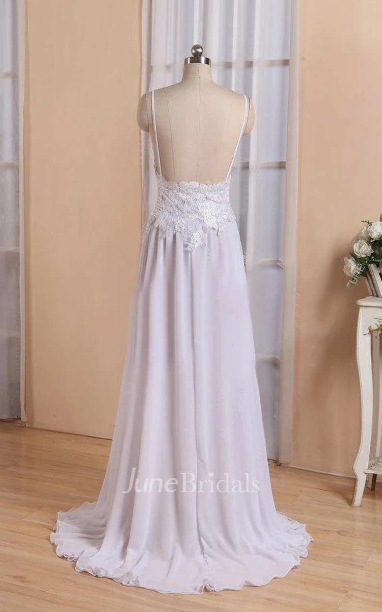 Spaghetti Neck Backless Sheath Long Chiffon Wedding Dress With Appliques