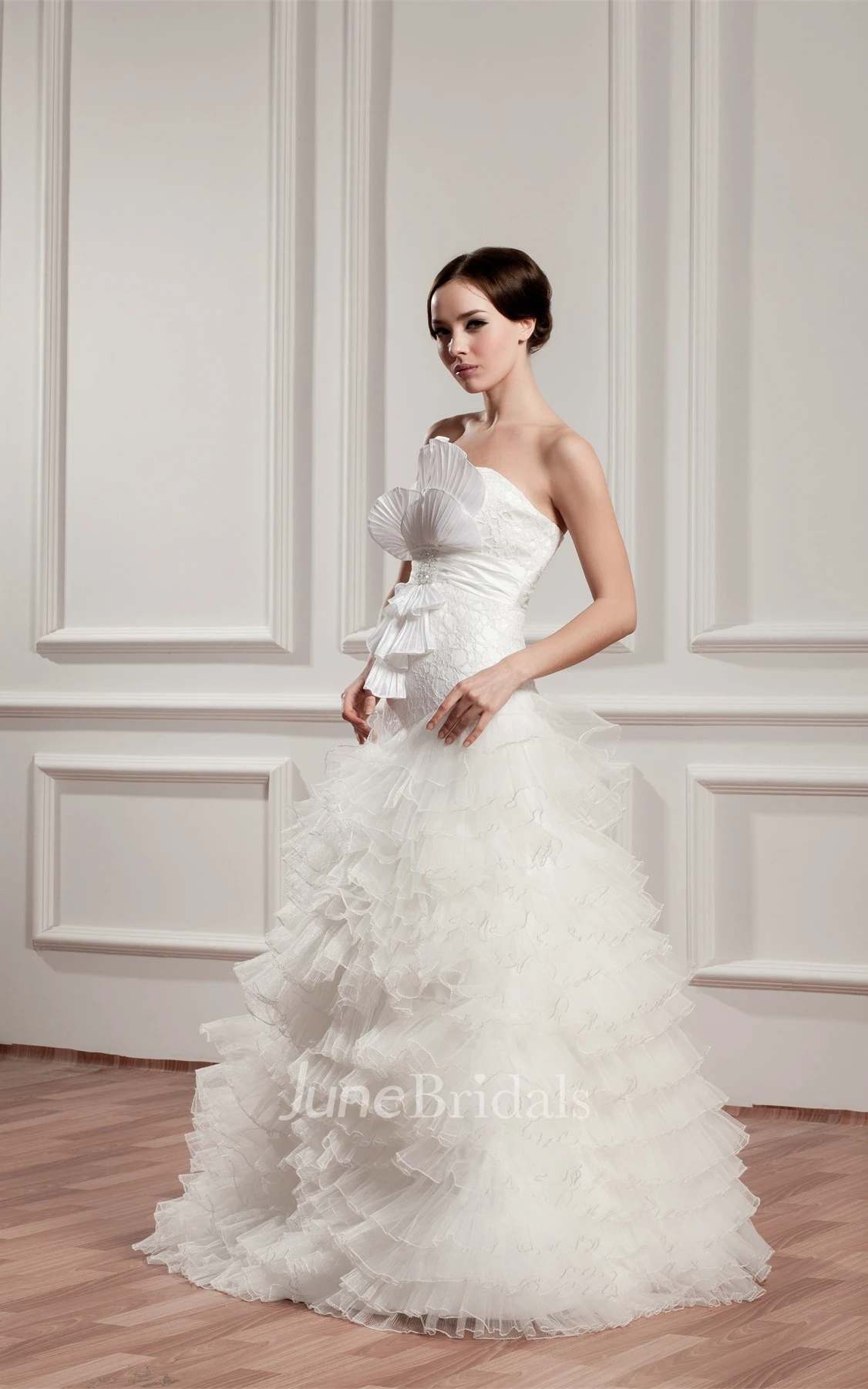 Strapless Ruffled A-Line Gown with Bow and Tiers