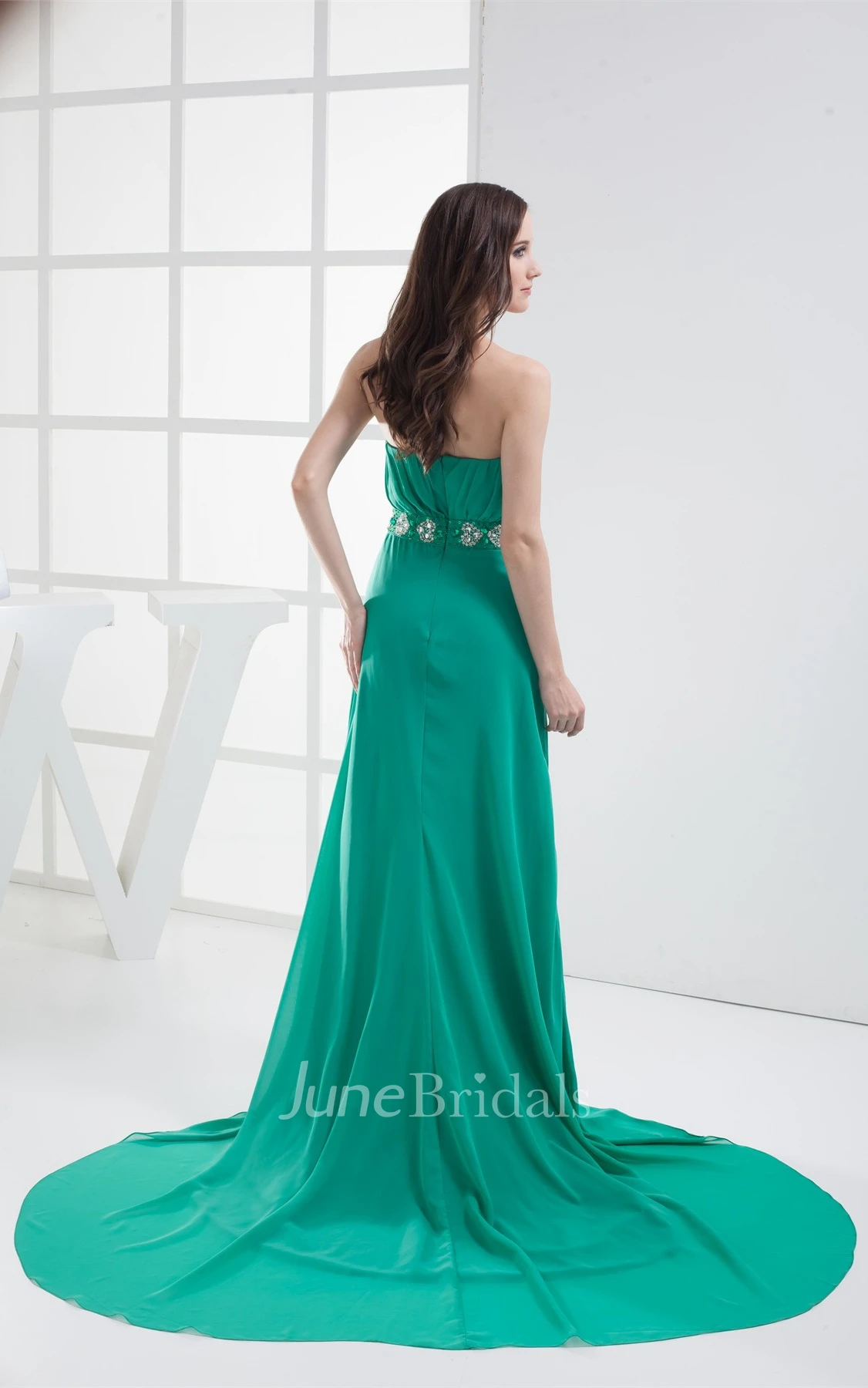 Side Draping Strapless Ruched Gown with Beaded Sash Detachable Cap Sleeve