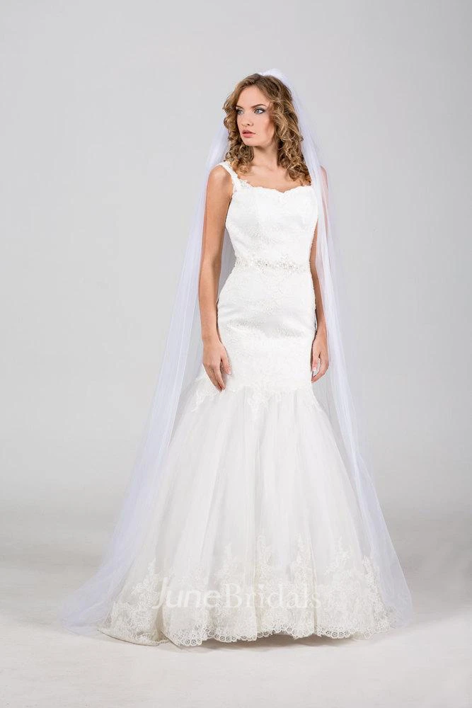 Square Neck Sleeveless Mermaid Lace Wedding Dress With Lace Hemline