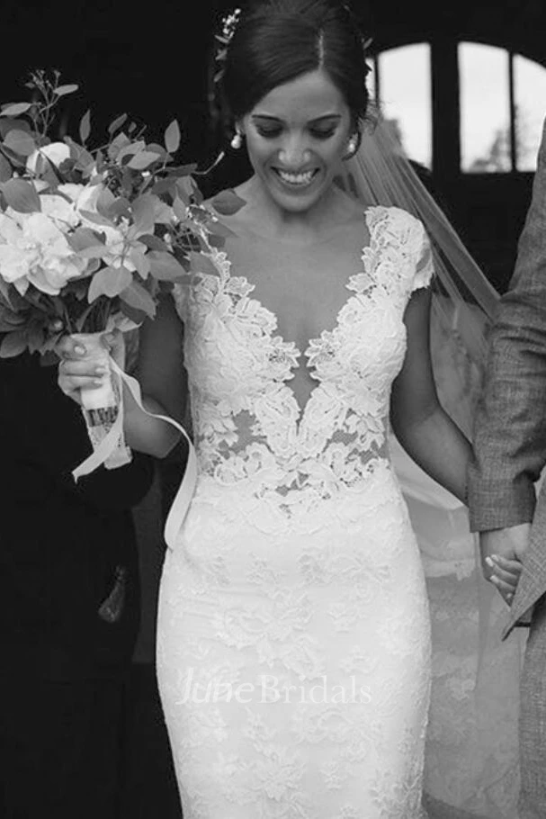 Cap Sleeves Sexy Mermaid Lace Bridal Gown Illusion Tulle Back With Court Train