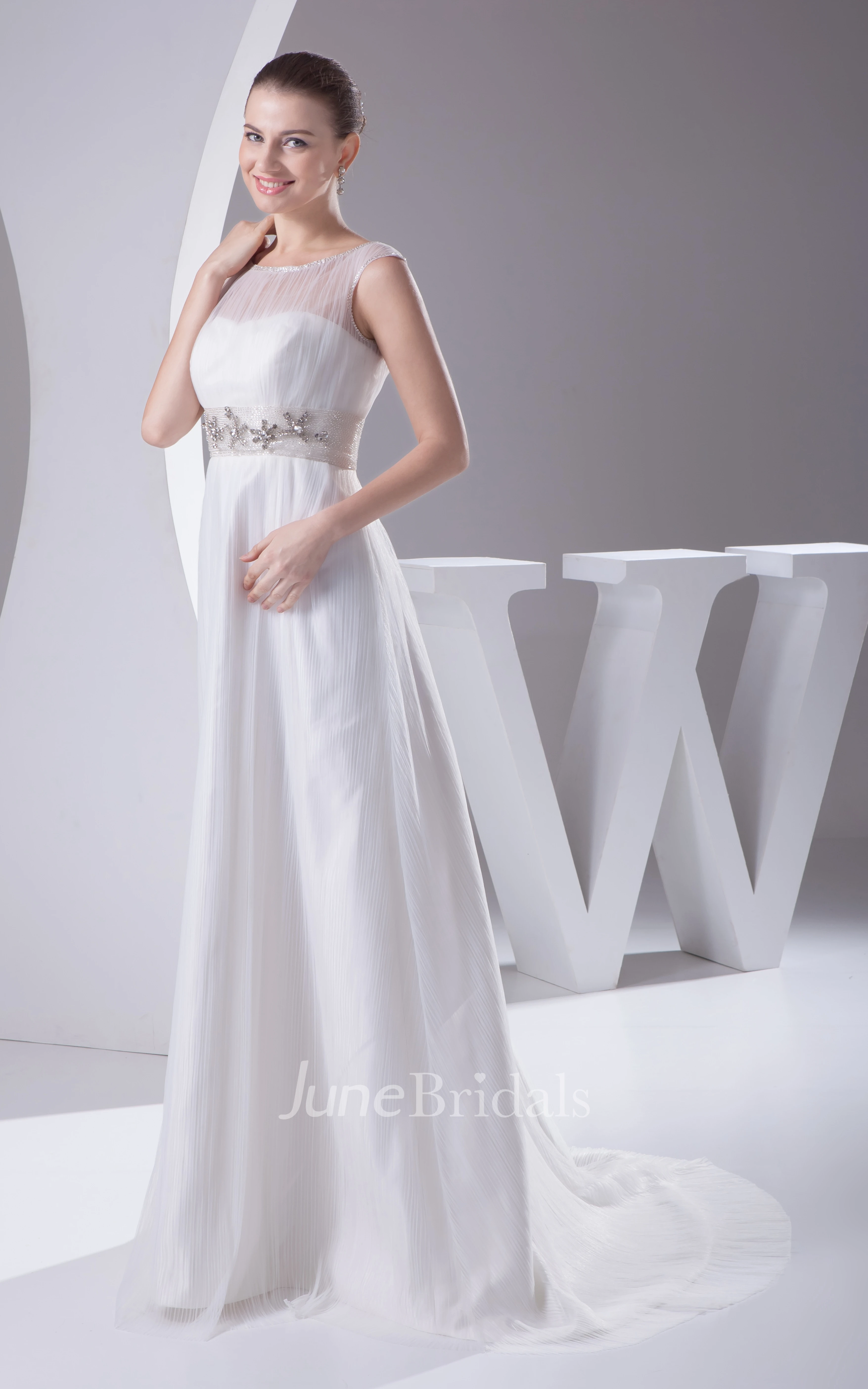 Chiffon Sleeveless Floor-Length Dress With Beaded Waist