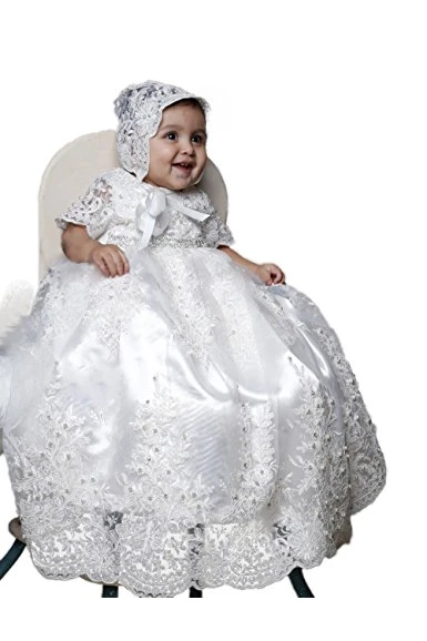 Charming Christening Dress With Lace Appliques And Beaded Belt