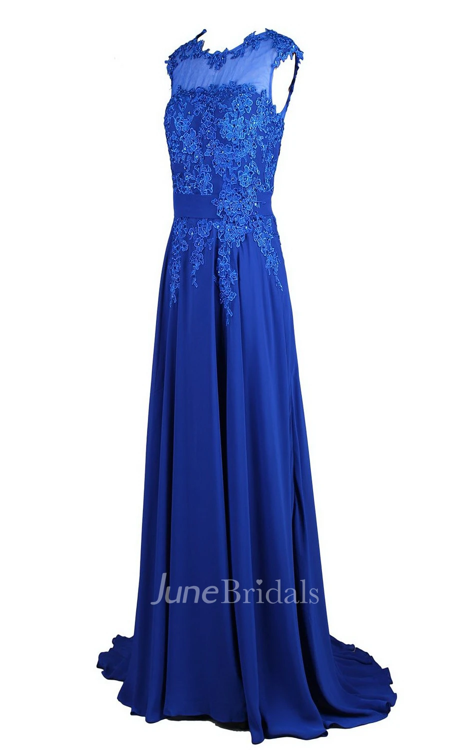 Sleeveless High Neck Appliqued Bodice Long Chiffon Dress
