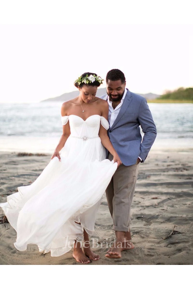 Newest White Off-the-shoulder Chiffon Wedding Dress With Beadings