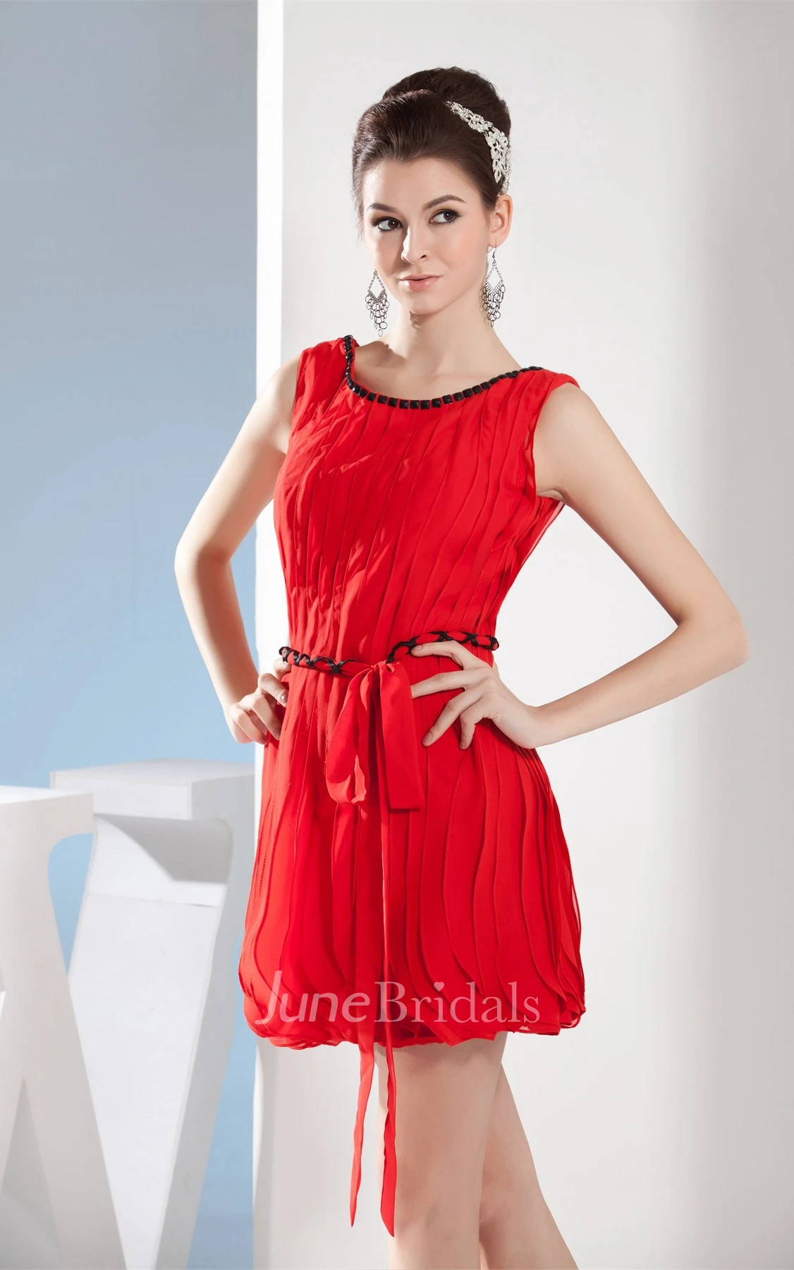 Sleeveless Ruched Mini Dress with Ribbon and Beading