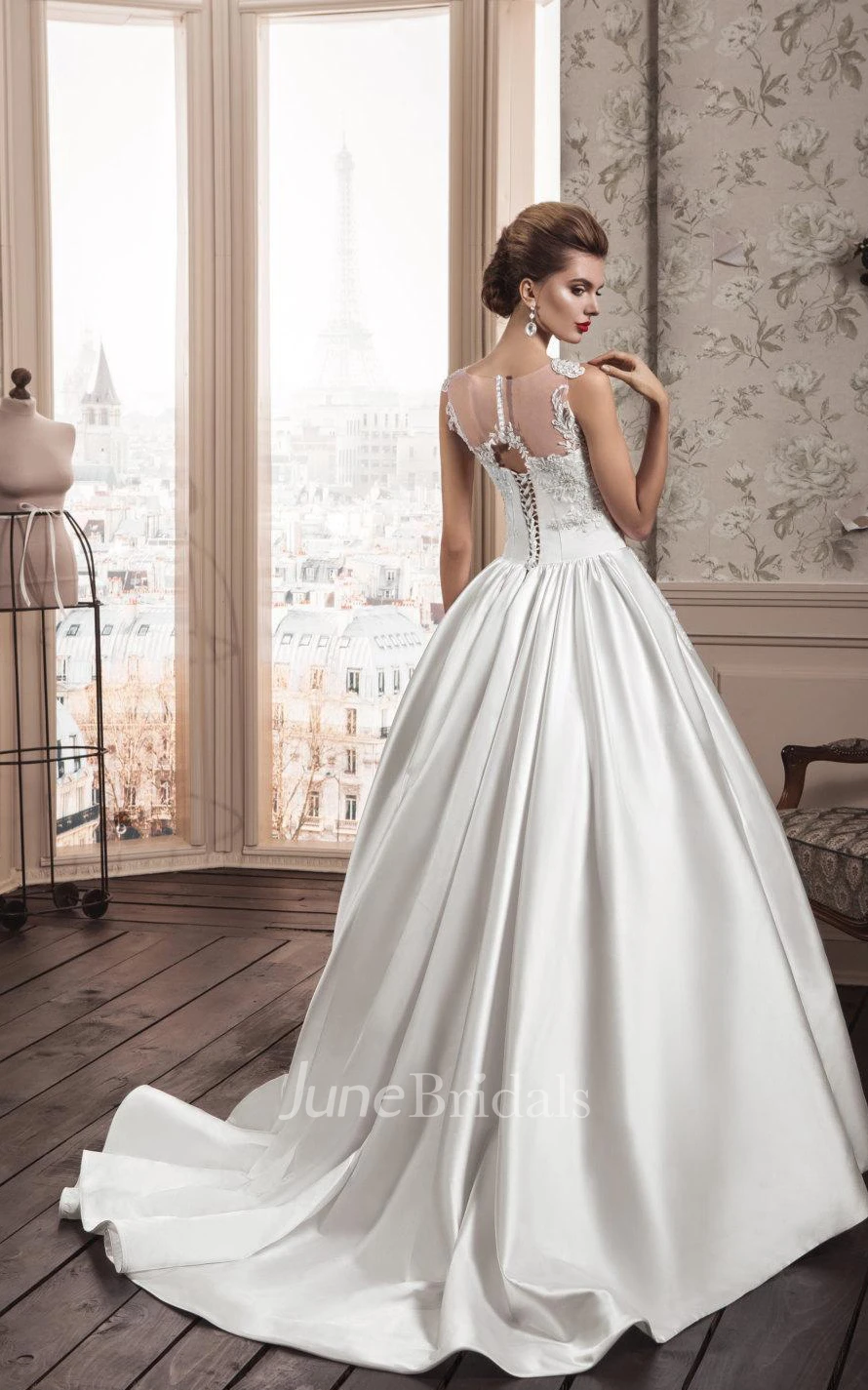 A-Line Floor-Length V-Neck Illusion-Sleeve Corset-Back Lace Dress