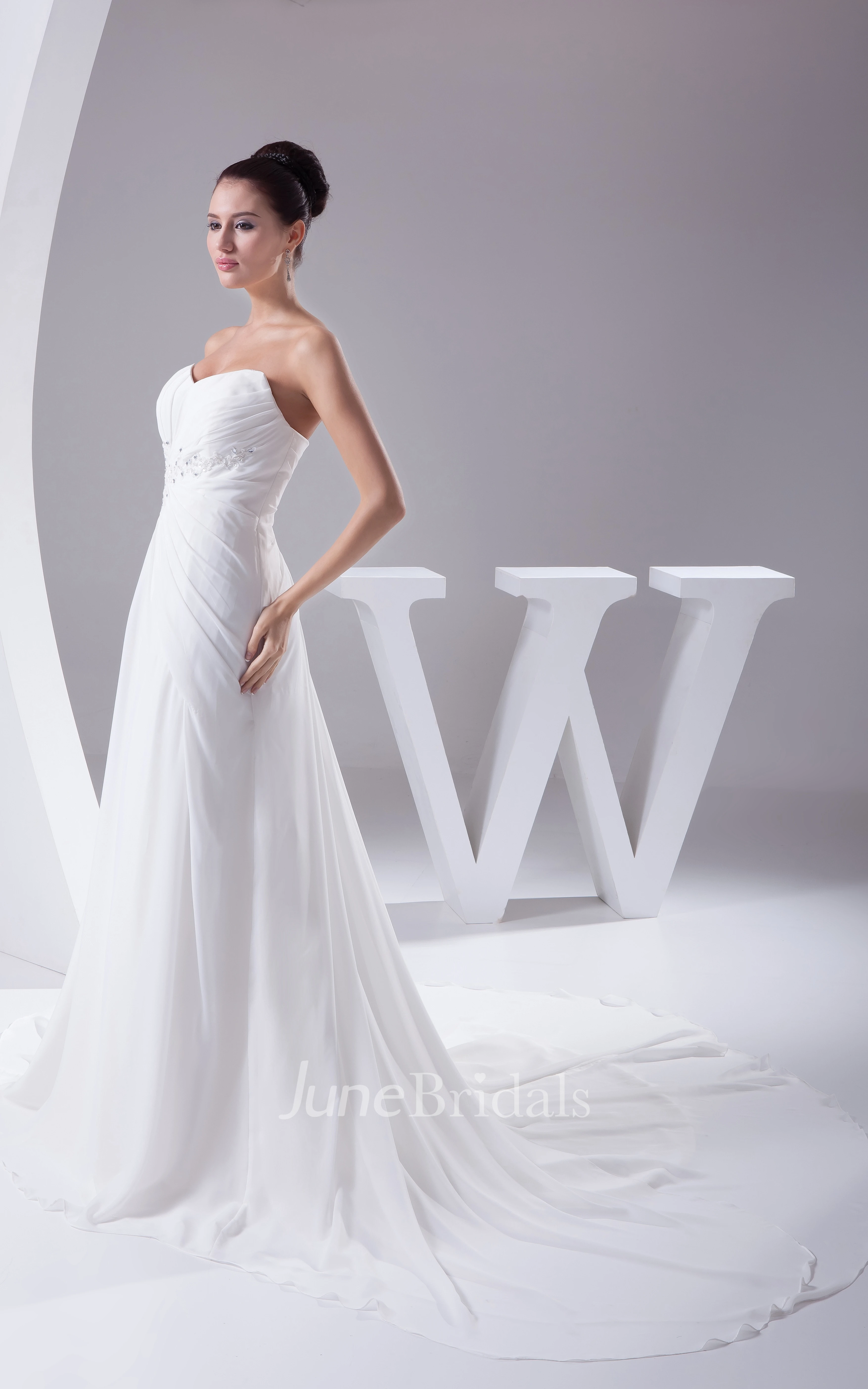 Strapless Chiffon Maxi Dress With Central Ruching and Beading