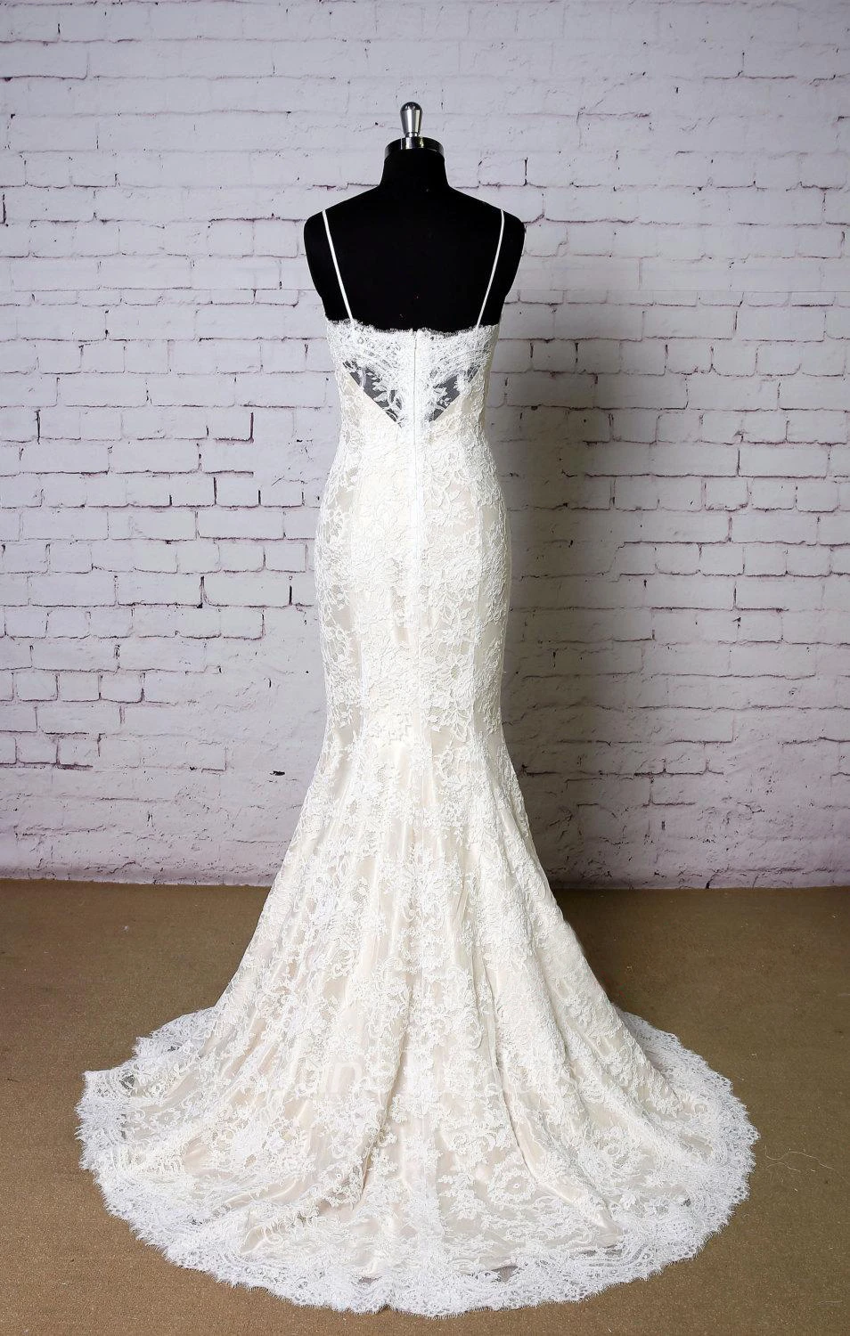 Spaghetti Strap Lace Mermaid Wedding Dress With Champagne Underlay