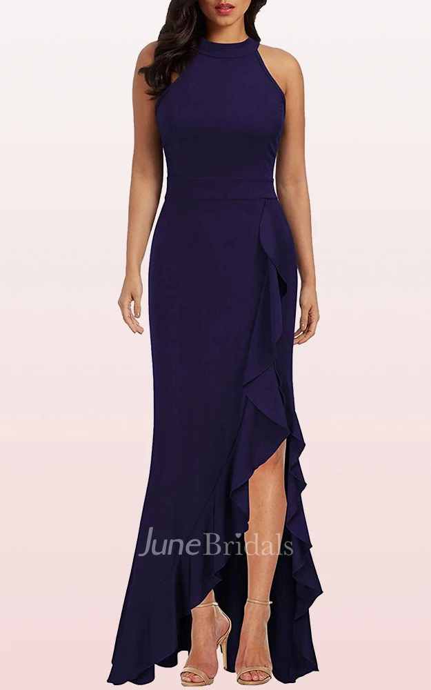 Sheath Halter Jersey Sleeveless Evening Dress With Ruffles and Split Front