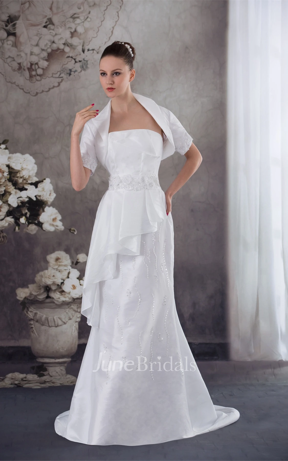 Strapless Sheath Beaded Dress with Peplum and Bolero