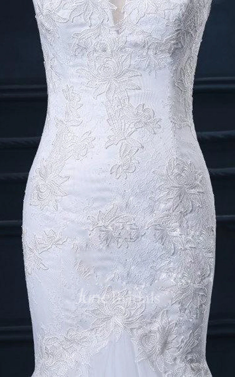 Trumpet High Neck Cap Sleeve Lace Organza Satin Dress With Appliques