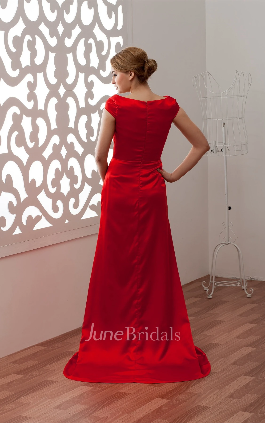 Flamboyant Caped-Sleeve Satin Dress with Ruching and Epaulet