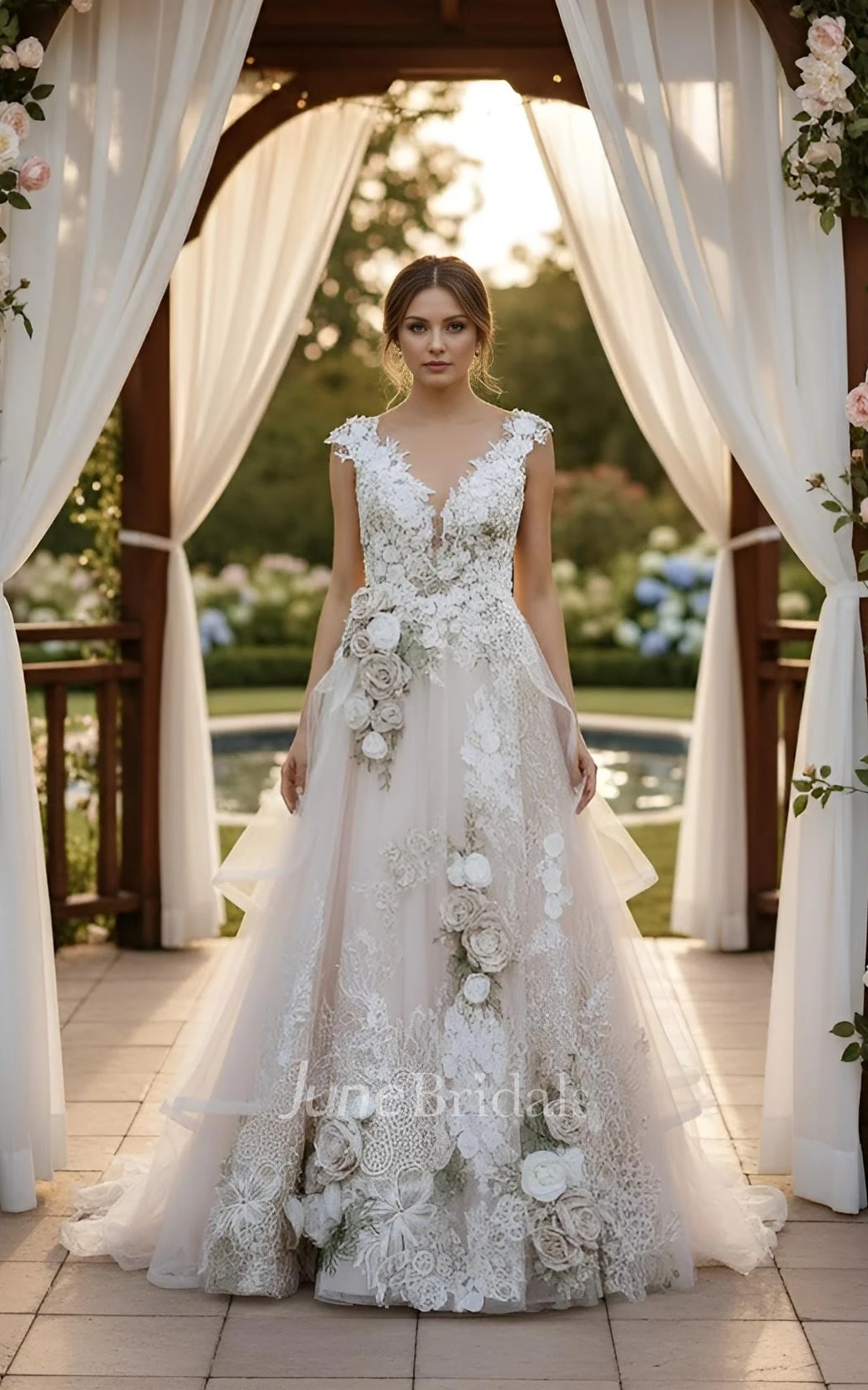 Floral Lace A-Line Wedding Dress V-Neck Tiered Ruffle Tulle Garden Gown