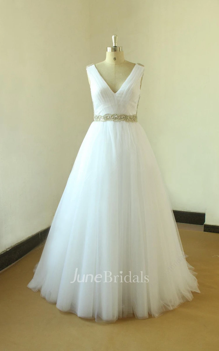 A-Line V-Neck Tulle Weddig Dress With Beading Keyhole Back