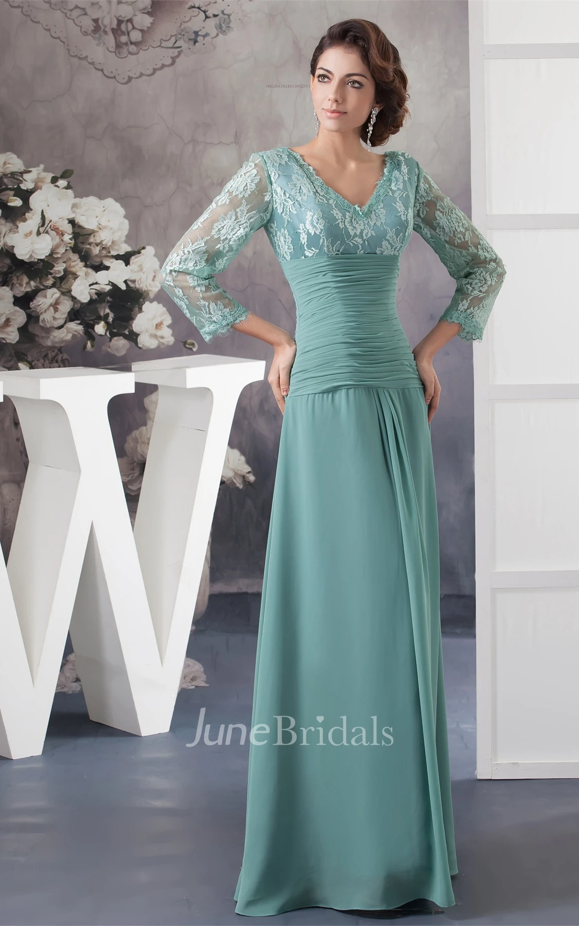 V-Neck Appliqued Chiffon Long Dress with Illusion Neckline