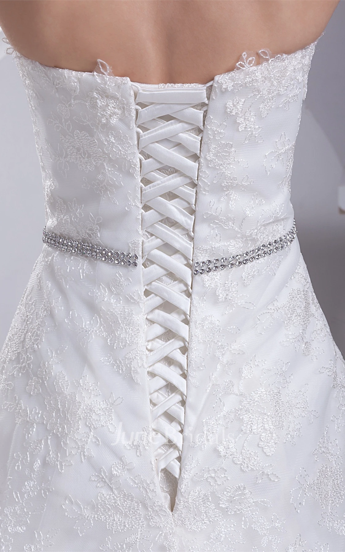 Strapless Appliqued A-Line Gown with Jeweled Waist