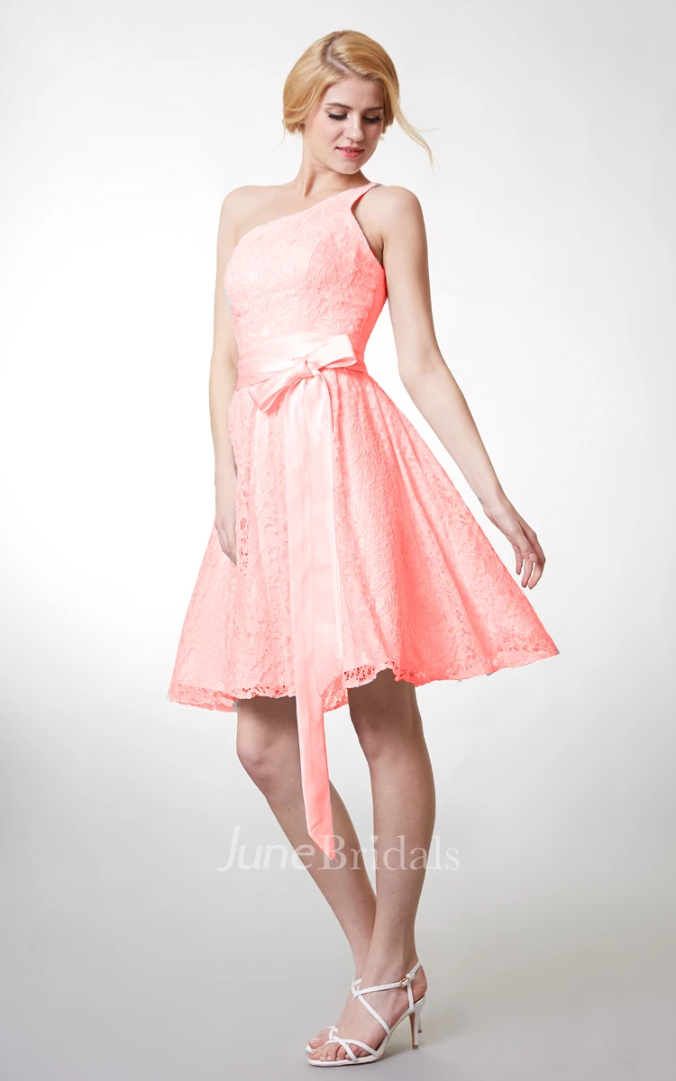 Beautiful Knee Length Lace Dress One Shoulder Neckline and Fitted Cut Flattering