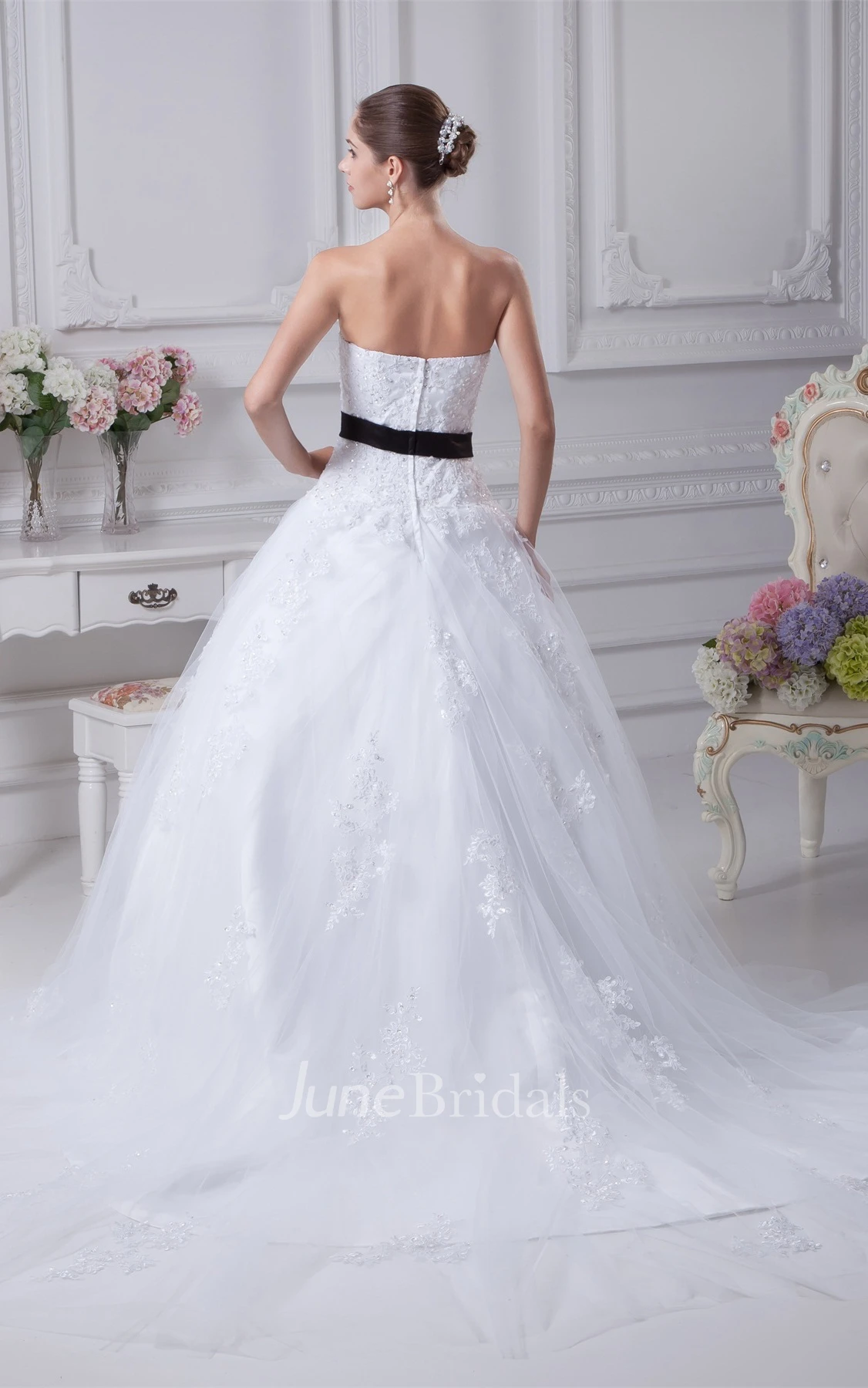Strapless Tulle A-Line Ball Gown with Ribbon and Appliques