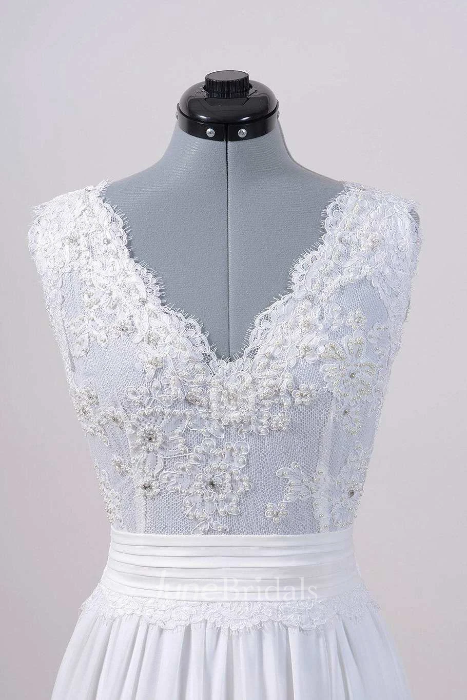 Chiffon Satin Lace Low-V Back Wedding Dress