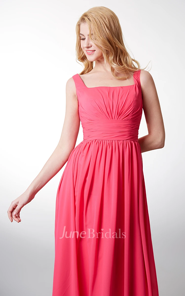 Squared Neckline Waist Gathered Chiffon Long Dress With Bandage