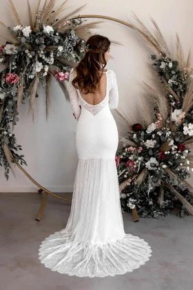 Sexy Sheath V-neck Long Sleeves Pleat Wedding Dress with Sweep Train