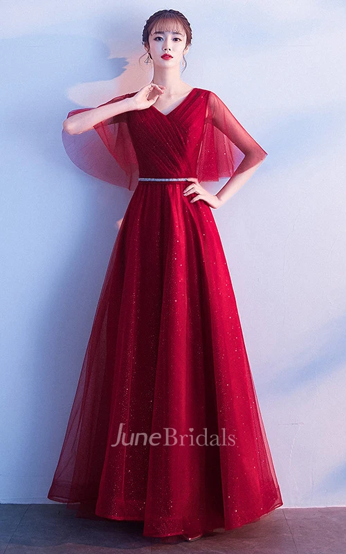 Modern Tulle V-neck A Line Prom Formal Dress With Ruching