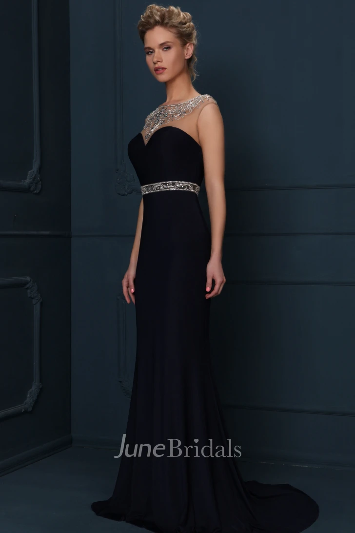 Cap Sleeve Jewel Neck Beaded Jersey Evening Dress